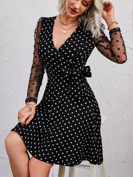 

polka dot contrast mesh overlap collar tie side dress k8et#, Black;gray