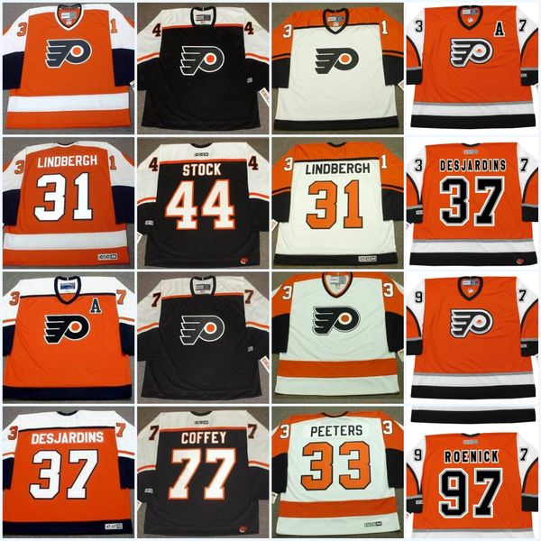 

31 pelle lindbergh 1985 philadelphia flyers hockey jerseys pete peeters eric desjardins pj stock paul coffey eric lindros jeremy roenick, Black;red