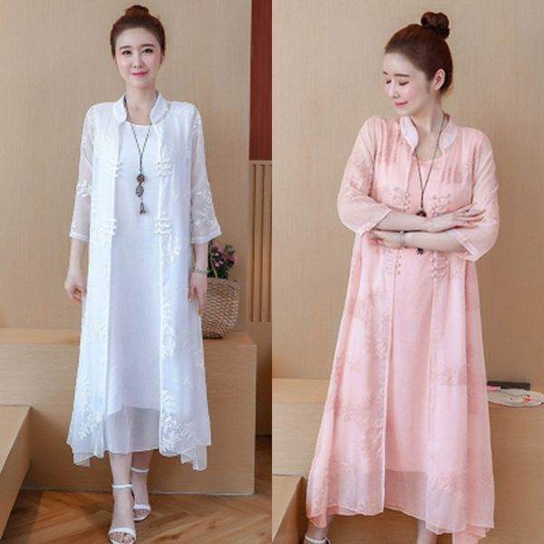 

2020 new artistic tianma silk 7 4 sleeve sun proof suit dress clothing outer cover + sleeveless dress two piece suit skirt xsczc, Black;gray