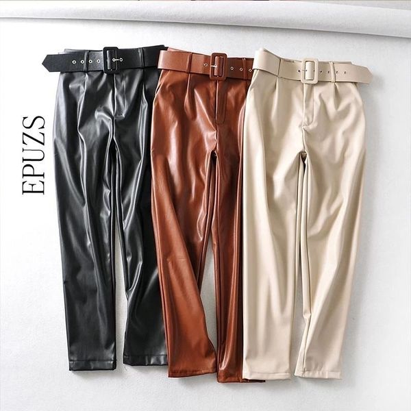 

fashion belt faux leather women high waist pants streetwear female joggers casual long pu trousers 201106, Black;white