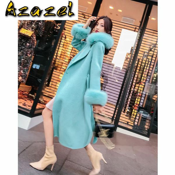 

women's wool & blends korean spring autumn women fur collar alpaca woolen female jacket long coat manteau femme hiver zt1632, Black