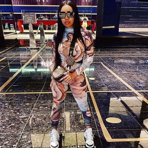 

new fall 2020 women's fashion printed long sve hip raising sports jumpsuit, Black;white