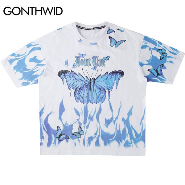 

butterfly fire flame print tees shirts streetwear hip hop casual short sleeve tshirts men harajuku hipster fashion kg-450, White;black