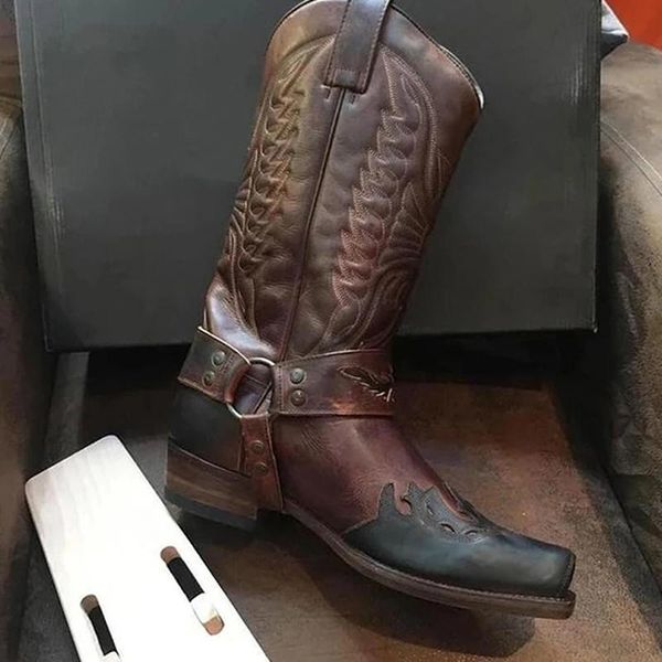 

осень зима женская мода vintage длинные сапоги причинная вышивки кожа сапоги низком каблуке west ковбой стиль высокие женщины, Black
