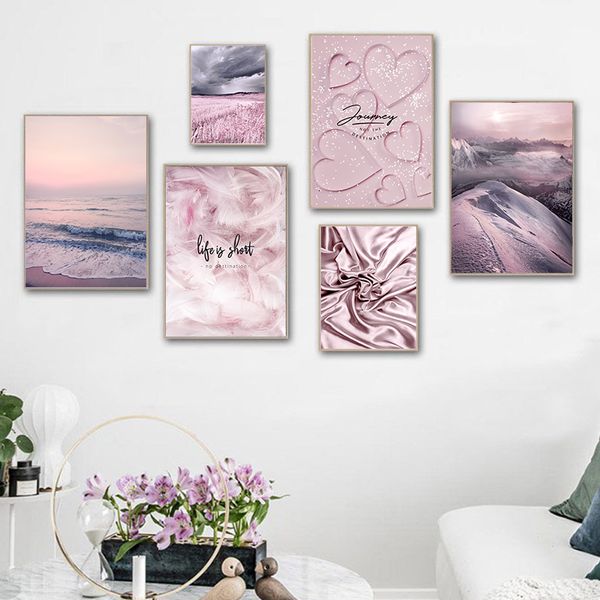 

pink purple landscape poster beach snow mountain feather life beautiful home wall art decoration canvas painting picture