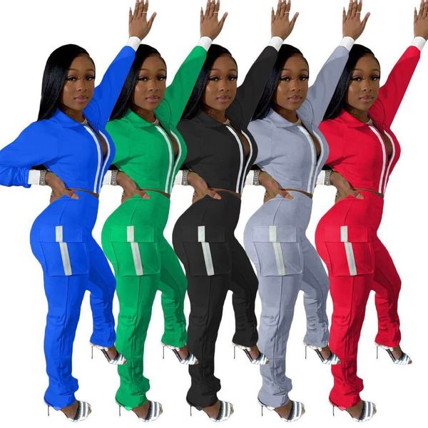 

women fashion modern long sleeve crop and pockrts pants solid two piece set woman clothing