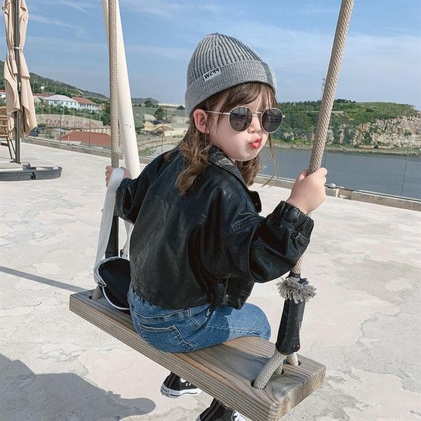 

2020 new style autumn clothing korean-style girl's coat fold-down collar leather coat long-sleeved upper garment autumn fa, Blue;gray