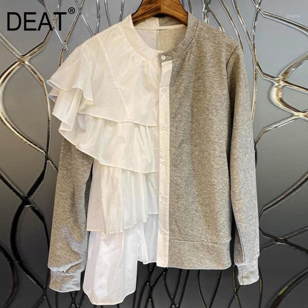 

deat] 2020 new autumn fashion women blouse pullover patchwork ruffle full sleeve round collar high street button loose tx9141, White