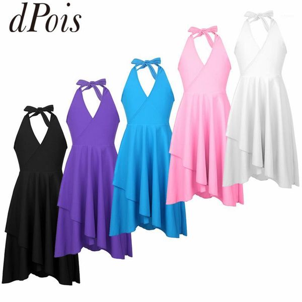 

dpois new kids teens halter cutout contemporary lyrical dance costumes girls ballet dress stage performance practice dance dress1, Black;red