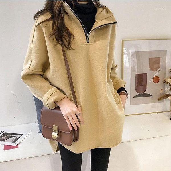 

oversized hoodie women long sleeve sweatshirt casual turn-down collar batwing long solid coats hooded zip up hoodies girls1, Black