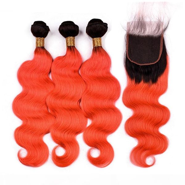 

#1b orange ombre indian body wave human hair bundles with closure ombre orange wavy human hair weave wefts with 4x4 front lace closure, Black;brown
