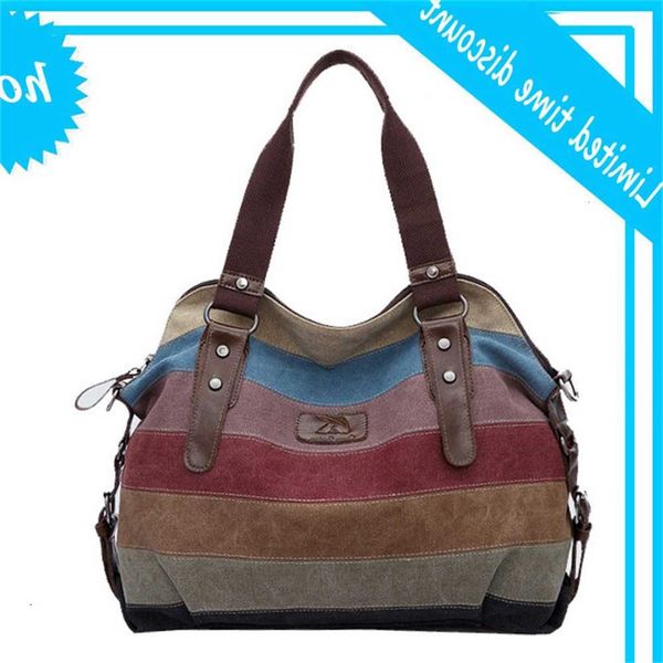 

trend rainbow stripe canvas fashion splicing women's washing cloth bag