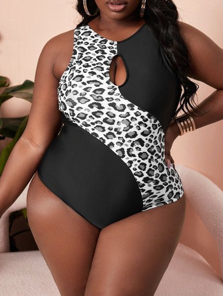 

plus leopard & color block one piece swimsuit u1no#, Black