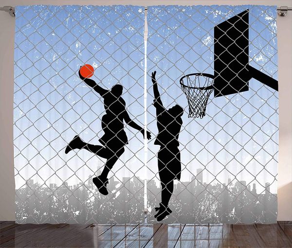 

sports curtains basketball in the street theme 2 players on grungy damaged backdrop living room bedroom window drapes blue grey