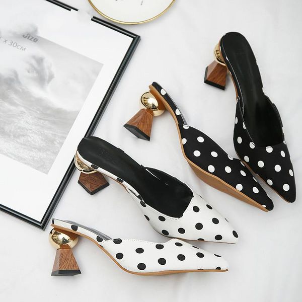 

slippers women polka dot pointed toe sandals black white satin shoes strange high heels ladies slip on for 2021