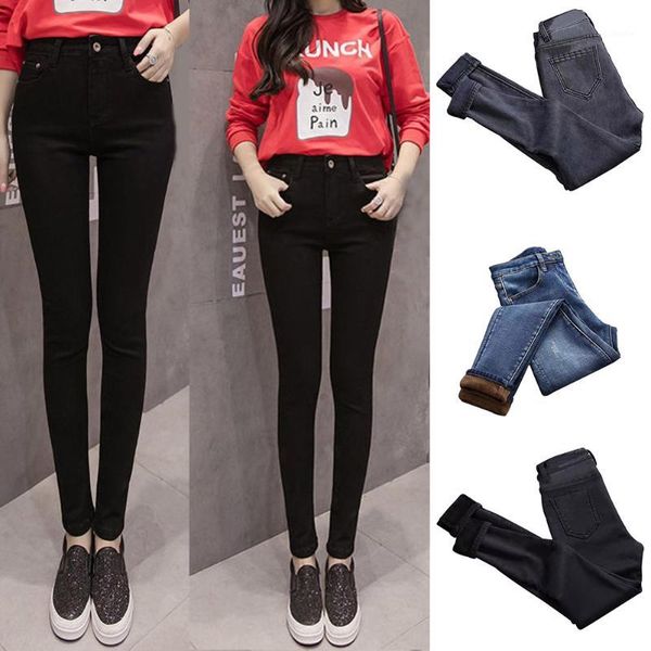 

women high waist warm jeans pants thick plush lined skinny denim stretchy trousers cgu 881, Blue