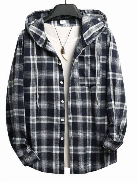 

men tartan drawstring hooded shirt without tee l6uw#, White;black