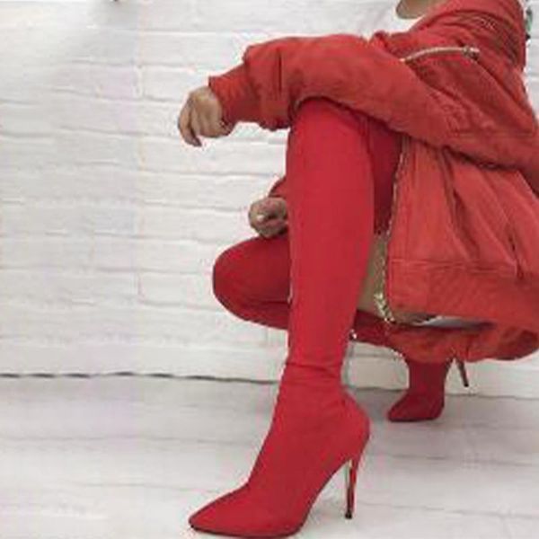 

boots women over-the-knee 2021 women's stetch fabric woman thin high heels ladies pointed toe female autumn winter, Black