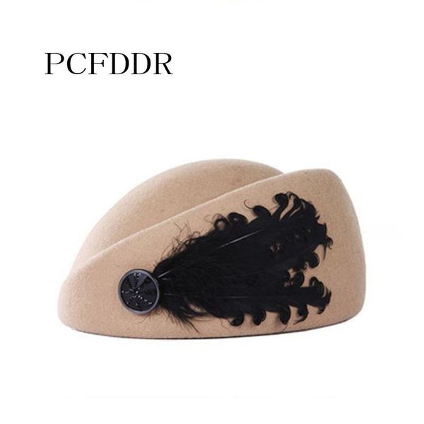 

stingy brim hats pcfddr fashionable autumn and winter korean wool beret children's retro british black feather hat., Blue;gray