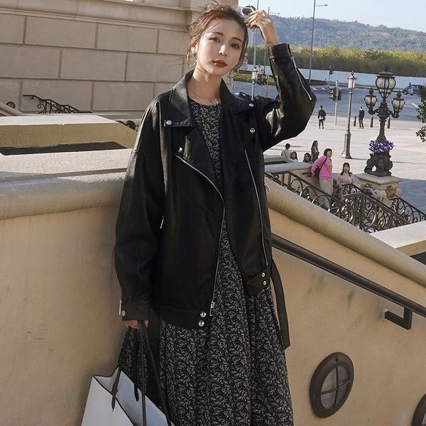

women's leather & faux winter casual loose jackets ladies motorbike single breasted long sleeve coat women black outerwear female y4451
