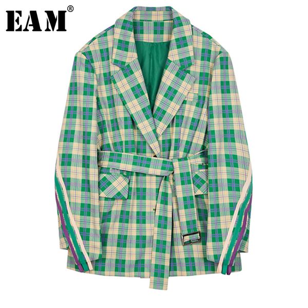 

[eam] new spring autumn lapel long sleeve green plaid loose waist bandage pocket jacket women coat fashion tide jr676 201028, Black;brown