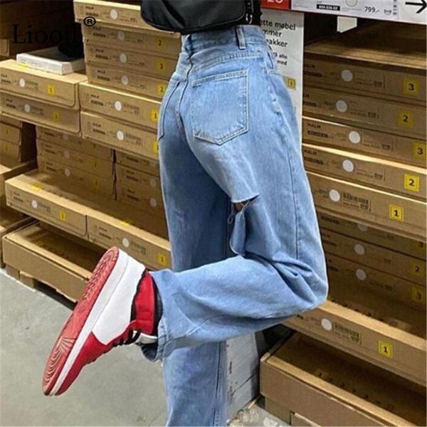 

liooil blue ripped straight leg jeans women 2021 streetwear high waist denim trousers with pockets hole rave jean pants