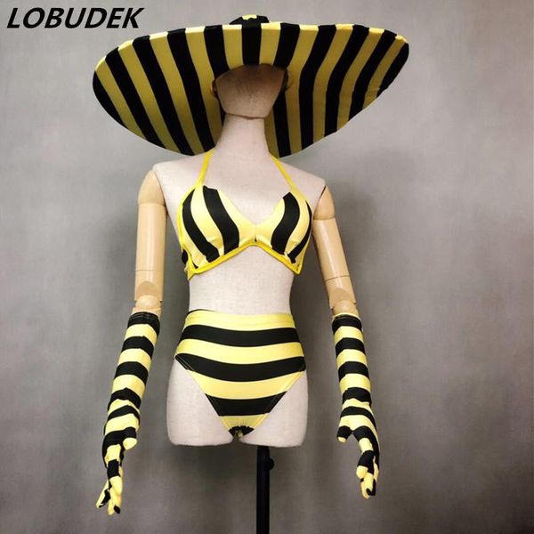 

stage wear nightclub costume bar lady singer leading dance team dj jazz outfit stripe bikini big hat set performance clothes, Black;red