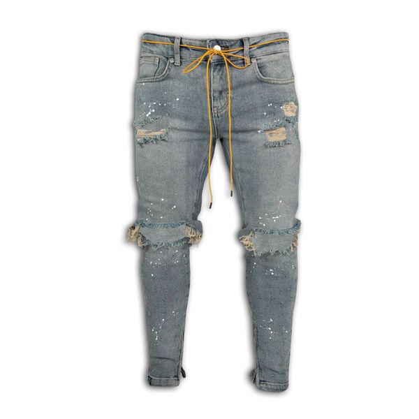 

men denim pants jean painted hole skinny slim fit straight ripped distressed pleated knee patch stretch denim pants trousers, Blue