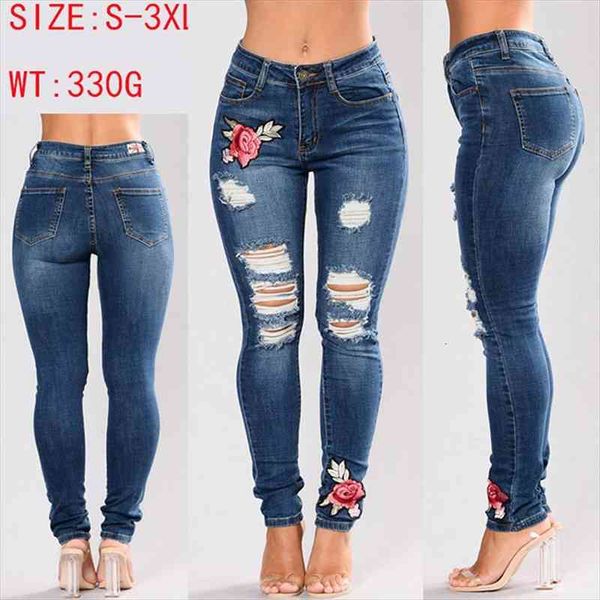 

stretch jeans for women elastic flower jeans ladies pencil denim pants hole ripped pantalon rose embroidered pattern, Blue