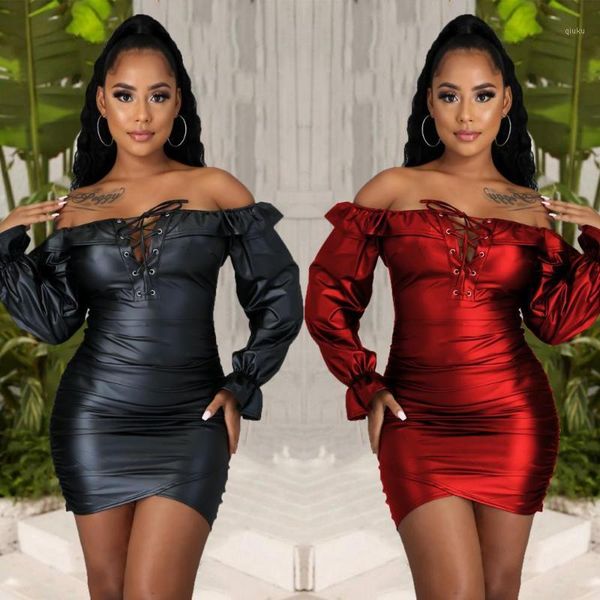 

echoine bodycon pu leather mini dress women slash off shoulder grommet lace up hollow out dresses party night club vestidos1, Black;gray