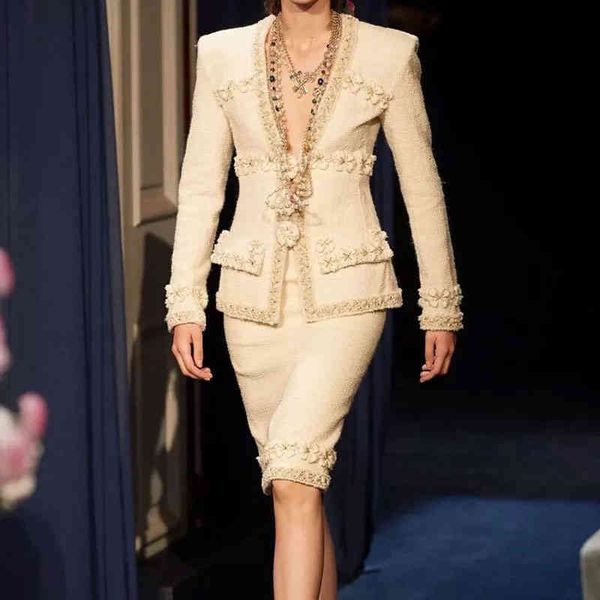 

two piece dress luxury brand blazers women set suits runway designers elegant autumn winter suit jacket coat midi skrits outfits b5hp, White