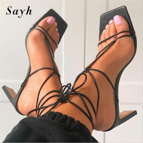

12cm high heels 2021 summer woman square toe heels roman gladiator pumps lace-up ankle strappy sandals party shoes1, Black