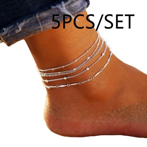 

5 шт. / установленные женские бусы шарм цепочковые браслеты браслета из бисера богемный браслет для женщин босиком сандалии босоножки ноги б, Golden;silver