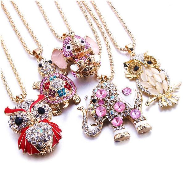 

wholesale necklace elephant owl peacock tortoise pendant gold women sweater chain crystal long necklaces & pendants bbymuy, Silver