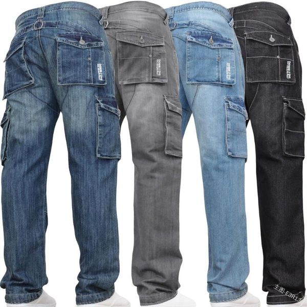 

men's jeans pockets men plus size loose casual solid fall fashion straight mid waist zipper full length pants lugentolo, Blue