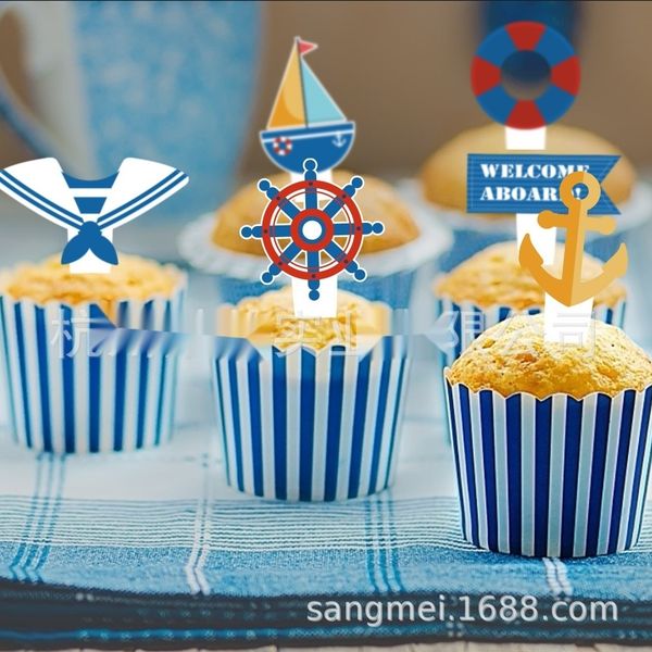 

fu3ah 12-piece cup of ocean theme paper cup 12-piece children's party flag-inserting navy label cakecard set of ocean theme paper set c