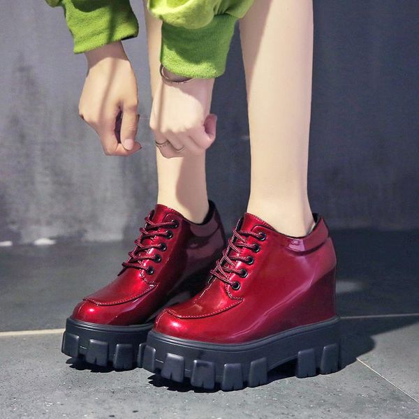 

patent leather women autumn shoes casual lace up ankle boot for woman super high heels 12cm wedges shoes women deep mouth pumps, Black