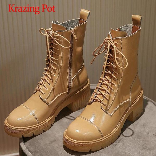 

boots krazing pot large size 2021 winter real leather cross-tied round toe thick high heel lace up fashion ankle l50, Black