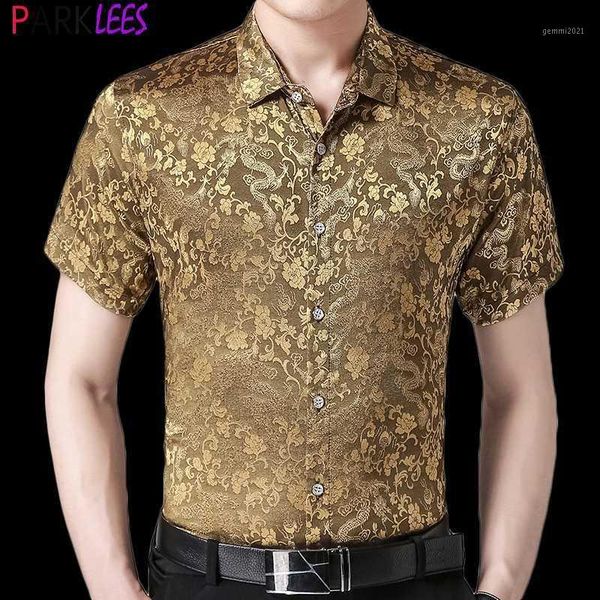 

gold floral jacquard silk satin shirt men 2020 brand new short sleeve slim fit dress shirts men casual button down chemise homme1, White;black