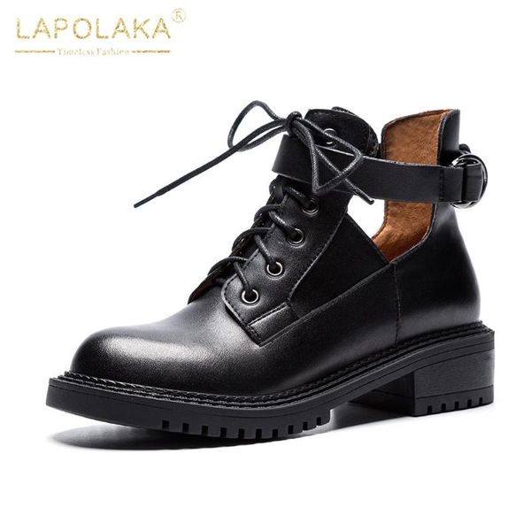 

boots lapolaka 2021 fashion genuine leather chunky heels summer shoes woman female comfy buckle strap ankle, Black