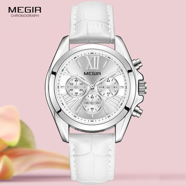 

megir new luxury leather watch women female brand chronograph quartz wristwatch lady relogios femininos clock 2114 white 201124, Slivery;brown
