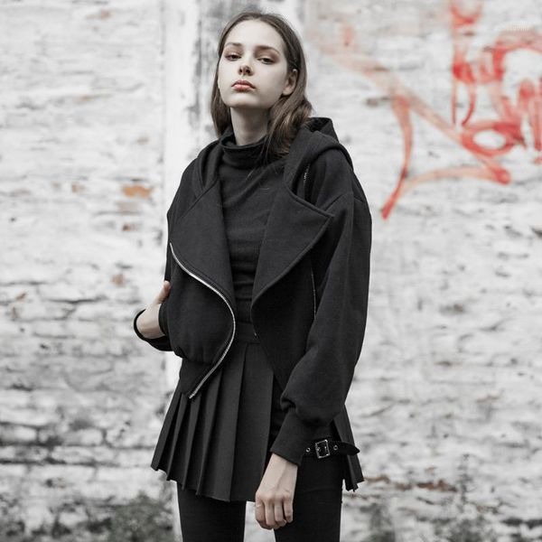 

punk rave women's hoodie embroidered cardigan jacket metal diagonal zipper street flannel hoodie long sleeve coat1, Black;brown