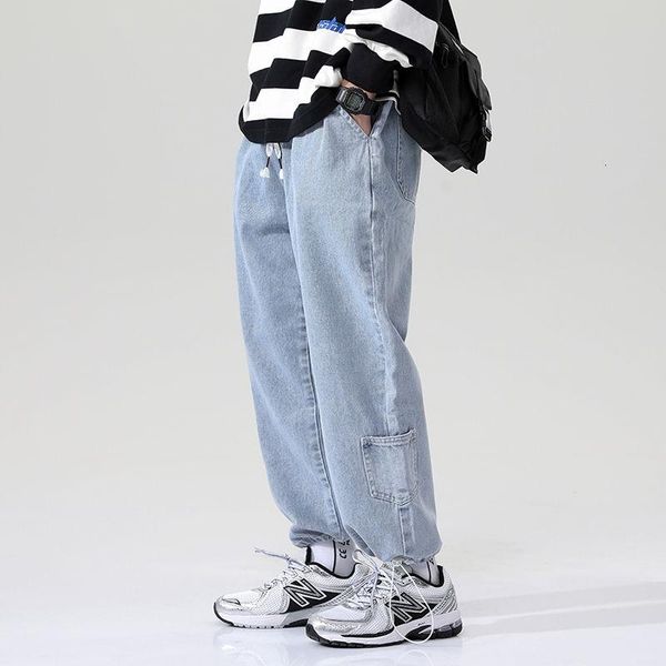

2021 spring new men's casual multi pocket drawstring loose large jeans, Blue
