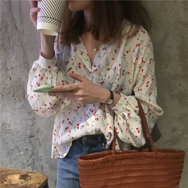 

2021 new print-floral vintage feminine elegant chic casual fashion sweet all-match shirts spring chiffon blouse 8k9o, White