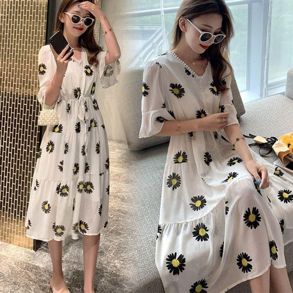 

maternity dresses pregnancy plus size dress women summer chiffon floral pregnant fashion elegant clothes1, White