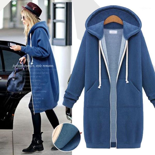 

plus size 5xl zip up hooded women jacket full sleeves pockets hoodies autumn winter casual coat long solid outwear velvet 1, Black;brown