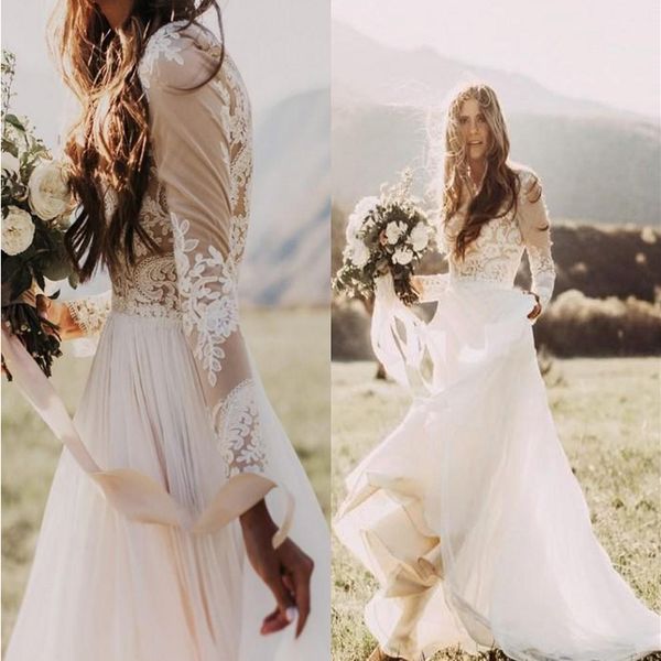 

country chiffon jewel a-line wedding dresses sheer long sleeves lace appliques boho bridal gowns plus size custom made, White