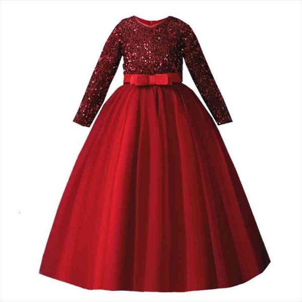 

baby children clothing sequin long sleeve princess evening dress show bow long dress teenage girls prom dresses 5-14 y, Red;yellow
