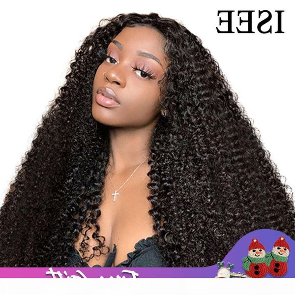 

mongolian kinky for women isee closure curly front human hair wigs 13x6 hd lace frontal wig, Black;brown