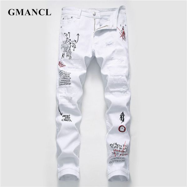 

men's elastic white tight jeans, hip hop, punk, leisure, motorcycle, novelty, Blue